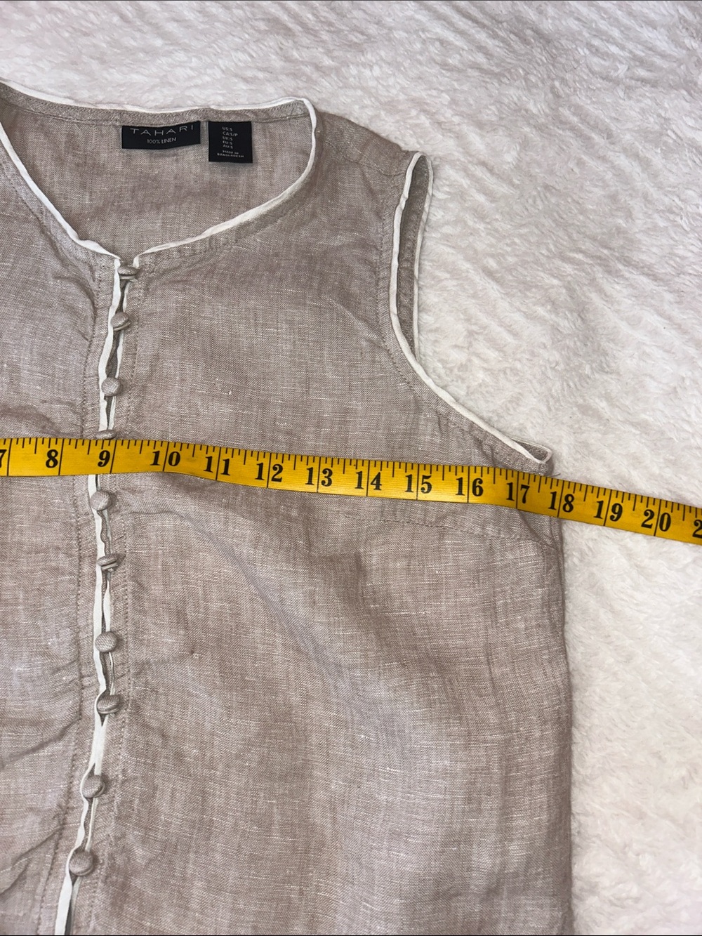 Tahari Taupe Linen Sleeveless Button-Front Top with Cream Trim - Picture 4 of 7